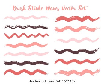 Trendy brush stroke waves vector set. Hand drawn red brown brushstrokes, ink splashes, watercolor splats, hand painted curls. Interior colors scheme swatches. Textured waves, stripes design.