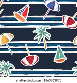 Trendy brushed paint summer beach elements umbrella,boat,palm trees on navy blue stripe painted texture background ,seamless pattern Design for fashion , fabric, textile, wallpaper, cover, web , wrapp