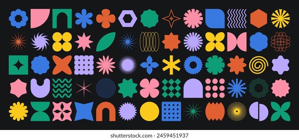 Trendbrutale zeitgenössische minimalistische Figuren, Sterne, Blumen, Kreise, primitive Elemente
Naive spielerische Vektorgrafik Formen