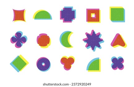 Trendy brutal geometric shapes set with riso graph print effect. Textured colorful art collection