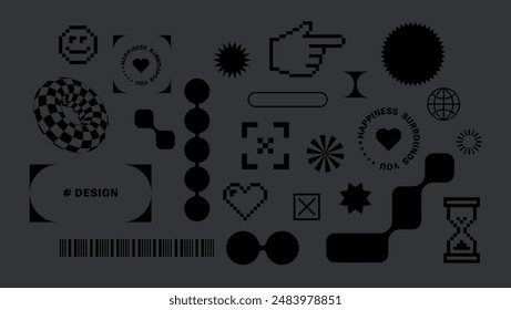 Trendy brutal retro stickers Y2k. Black color. Flat pixel art. Cool pop art elements. Simple shapes, design elements. Black and funky typography. zine aesthetic. Retro vibes. Cursor, liquid form.