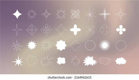 Elementos de diseño geométrico de brutalismo a la moda. Las formas simples forman estrellas y salpicaduras y burbujas. Resumen de bauhaus y estilo minimalis. Estrella y flor universales, forma básica. Ilustración del vector
