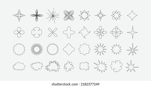Trendy brutalism geometric design elements. Simple shapes forms stars and splash and bubble. Abstract bauhaus and minimalis style. Universal star and flower shape, basic form. Vector illustration