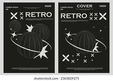 trendy brutalism style 90s cover design template y2k geometric shapes frames, planet.