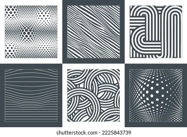 Trendy brutalism style backgrounds with geometric shapes and abstract forms. Minimalist print with simple figures and swiss bauhaus elements. A set of backdrops of lines, dots, rectangles, circles