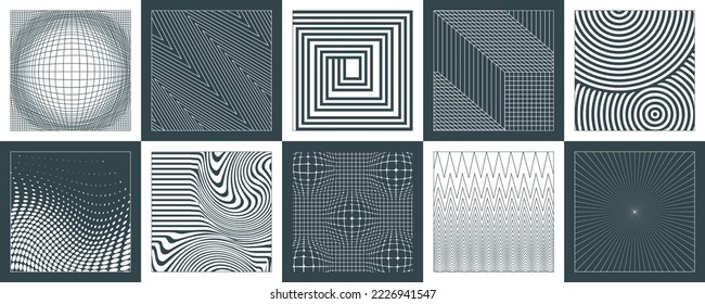 Trendy brutalism style backgrounds with geometric shapes and abstract forms. Minimalist print with simple figures and swiss bauhaus elements. A set of backdrops of lines, dots, rectangles, circles