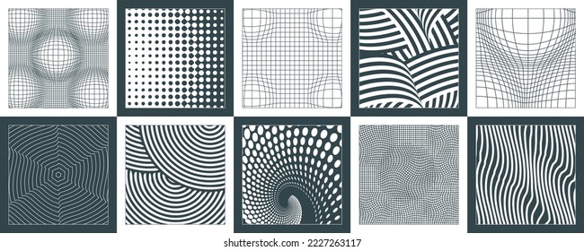 Trendy brutalism style backgrounds with geometric shapes and abstract forms. Minimalist print with simple figures and swiss bauhaus elements. A set of backdrops of lines, dots, rectangles, circles