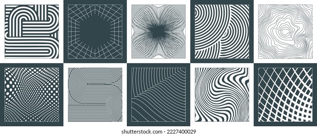 Trendy brutalism style backgrounds with geometric shapes and abstract forms. Minimalist print with simple figures and swiss bauhaus elements. A set of backdrops of lines, dots, rectangles, circles