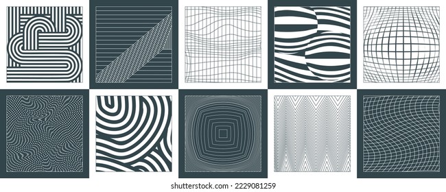 Trendy brutalism style backgrounds with geometric shapes and abstract forms. Minimalist print with simple figures and swiss bauhaus elements. A set of backdrops of lines, dots, rectangles, circles