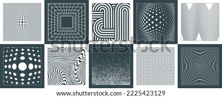 Trendy brutalism style backgrounds with geometric shapes and abstract forms. Minimalist print with simple figures and swiss bauhaus elements. A set of backdrops of lines, dots, rectangles, circles