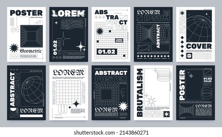Trendy brutalism style posters with geometric shapes and abstract forms. Modern minimalist monochrome print with simple figures and swiss graphic elements, vector poster template set