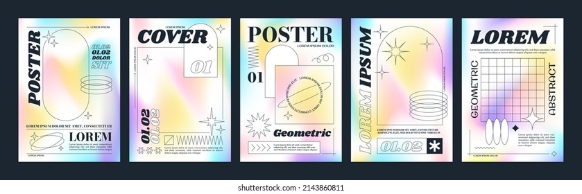 Trendy brutalism style posters and geometric shapes   gradient background  Modern minimalist monochrome print and simple figures   abstract graphic elements  vector poster template set