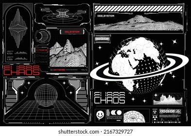 Trendy brutalism style posters with geometric shapes frames, mountains, planet. Modern minimalistic futuristic print with elements of games. Sci fi and HUD box elements for Futuristic design. Vector