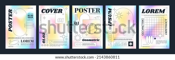 Trendy brutalism style posters with geometric shapes\
and gradient background. Modern minimalist monochrome print with\
simple figures and abstract graphic elements, vector poster\
template set