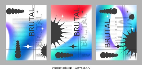 Trendy brutalism-style posters with geometric shapes frames, Techno poster templates in cyberpunk style, for streetwear