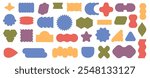 Trendy brutalist stickers or sticky notes with copy space. Vector in flat style, modern wavy geometric shapes, crosses and circles, rectangles and stars forms and floral design labels set