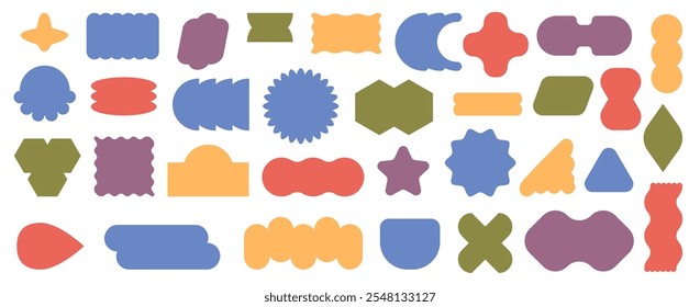 Trendy brutalist stickers or sticky notes with copy space. Vector in flat style, modern wavy geometric shapes, crosses and circles, rectangles and stars forms and floral design labels set