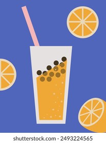 Trendy Bubble Tea poster template design. Bubble tea with orange juice and tapioca balls. Boho Groovy style vector aesthetic design. EPS 10