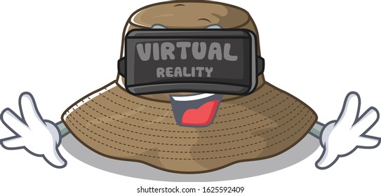 Trendy bucket hat character wearing Virtual reality headset