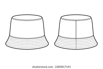 Ilustración técnica de moda de moda Bucket hat. Moda técnica de sombrero de cubo Ilustración, vista frontal y trasera, blanco, conjunto de maquillaje CAD.