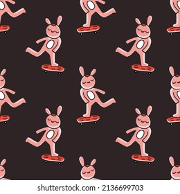 Trendy bunny playing skateboard on dark background seamless pattern. Modern vintage, pop art style seamless pattern concept.