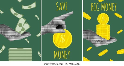 
Trendy Business banner with Halftone hand, coin, dollar and font. Nostalgia art with grunge element. Set Retro Finance Poster for Social Media. Vector illustration.