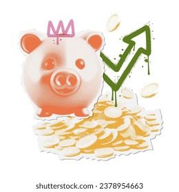 Trendy Business banner with Halftone piggy bank , coins stack and graffiti arrow up sign. Vintage zine grunge elements. Set Retro Finance Poster for Social Media. Vector illustration.