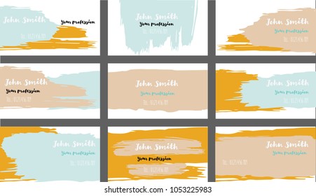 Trendy Business Cards Vector Template Collection. Branding Paint Brush Strokes Banners Set. Creative Elegant Grungy Retro Corporate Identity. Funky Hipster Business Cards Vector Template.