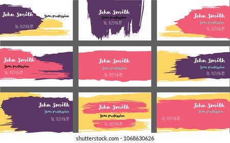 Trendy Business Cards Vector Template Collection. Ink, Oil Paint Brush Strokes Cool Banners Set. Creative Atristic Grungy Retro Corporate Identity. Hipster Strokes Business Cards Vector Template.