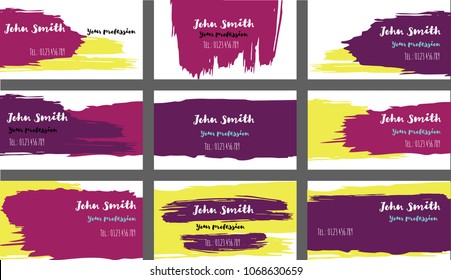 Trendy Business Cards Vector Template Collection. Ink, Oil Paint Brush Strokes VIP Banners Set. Creative Modern Grungy Retro Corporate Identity. Funky Strokes Business Cards Vector Template.