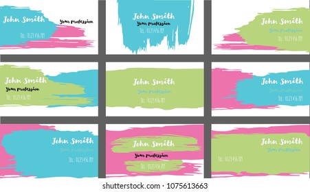 Trendy Business Cards Vector Template Collection. Ink, Oil Paint Brush Strokes VIP Banners Set. Creative Modern Grungy Retro Corporate Identity. Hipster Stripes Business Cards Vector Template.