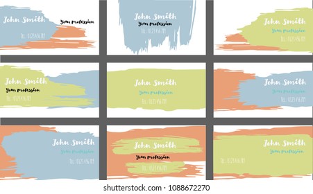 Trendy Business Cards Vector Template Collection. Funky Paint Brush Strokes Cool Banners Set. Creative Elegant Grungy Retro Corporate Identity. Hipster Stripes Business Cards Vector Template.