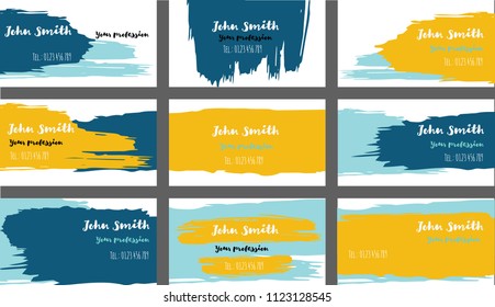 Trendy Business Cards Vector Template Collection. Ink, Oil Paint Brush Strokes VIP Banners Set. Creative Modern Artistic Cute Graphic Ads Backgrounds. Hipster Stripes Business Cards Vector Template.