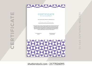 Trendy business diploma template for graduation or course completion with creative geometric pattern. Certificate of appreciation vertical mockup in modern design. Simple vector background EPS 10