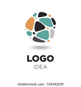 Trendy business logo idea made of linked pebbles in a circle. Irregular shapes arranged in a pattern. Black orange blue and gray vector icon or symbol.