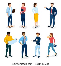 Trendy business people. Workers, hipsters, businessmen and business woman, programmers, clerks. In the modern hipster clothing. Suitable for different workplace. 3d Isometric Illustration Vector