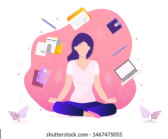 Trendy business yoga concept vector. Office meditation, self-improvement, controlling mind and emotions, zen relax concentration yoga practice. Girl is sitting in a lotus position.