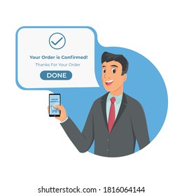 Trendy businessman showing blank mobile, cell phone and confirm order. Person holding smartphone screen and presenting oline shopping.