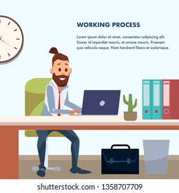 Trendy Businessman Work by Laptop at Office Area. Man with Modern Hairstyle and Beard at Workplace with Computer. Male Character Sit at Desk or Table. Briefcase. Cartoon Flat Vector Illustration