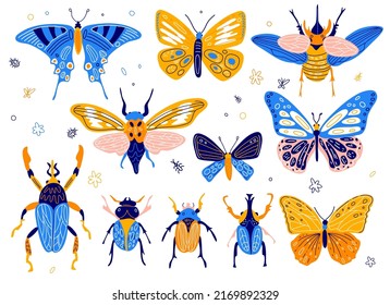 Mariposa de moda. Insectos voladores brillantes contemporáneos, escarabajos increíbles y mariposas coloridas, bellas polillas estampadas, bichos con ornamentos brillantes dibujos animados vectores voluminosos conjunto plano