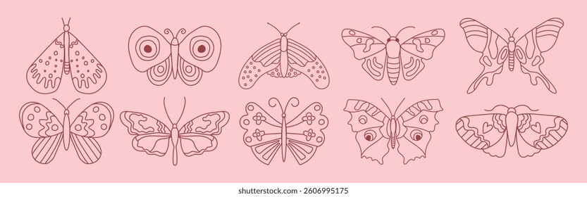 Trendy butterfly set. A collection of various butterfly designs on a pink background. Red outline, featuring different styles and sizes. Vector illustration.