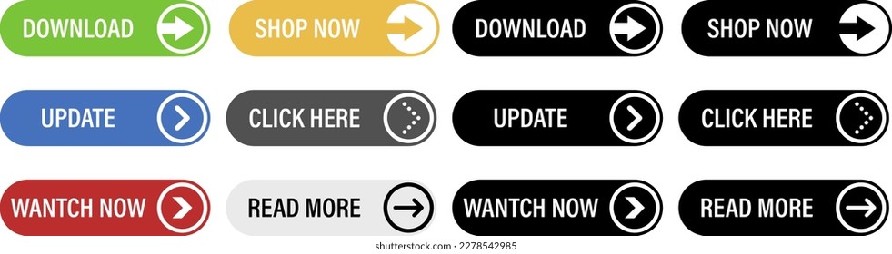 Trendy buttons. Download, Update, Watch Now, Shop Now, Click Here, Read More. Vector illustration