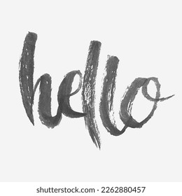 Trendy calligraphy, word Hello, written with a dry brush by black ink. Vector lettering illustration for graphic tee shirt. Print to party, sticker, banner, badge, design, flyer, web, advertising.