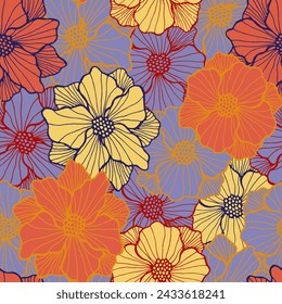 Trendy camellia bloom repeating design. Organic floral composition. Camellia flower with contour petals. Wallpaper print. Field blossom summer seamless pattern nature motif.