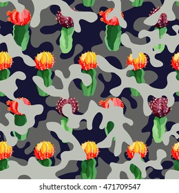 Trendy camouflage  illustration hand drawn watercolor cactus on military background khaki in blue gray color camo seamless vector pattern