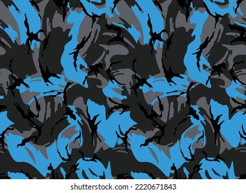 
Trendy camouflage pattern dark background blue spots vector seamless texture, stylish design.