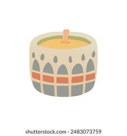 Trendy candle. Modern scented cozy candle for home interior decor. Decorating aromatherapy. Vector illustration in flat style