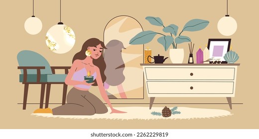 Trendy candles background with aromatherapy and comfort symbols flat vector illustration