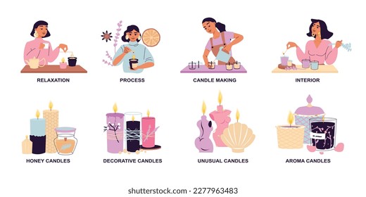 Composiciones de velas de moda establecidas con símbolos de velas de miel ilustración vectorial aislada plana