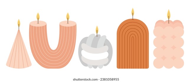Trendy candles flat vector set. Different kinds of aroma candles set